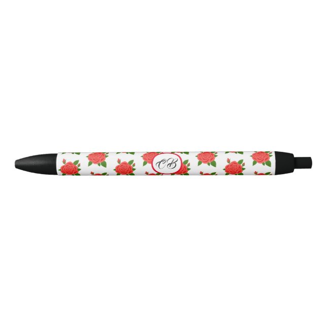 Noir Stylo encre noire monogramme rose rouge (Devant)