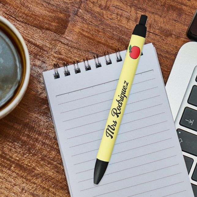 Noir Stylo enseignant avec nom et illustration Apple (Créateur téléchargé)
