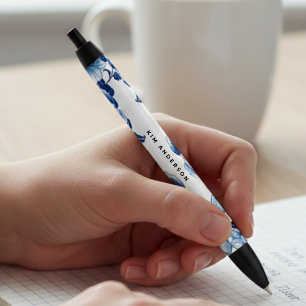 Noir Stylo floral bleu blanc avec nom personnalisable