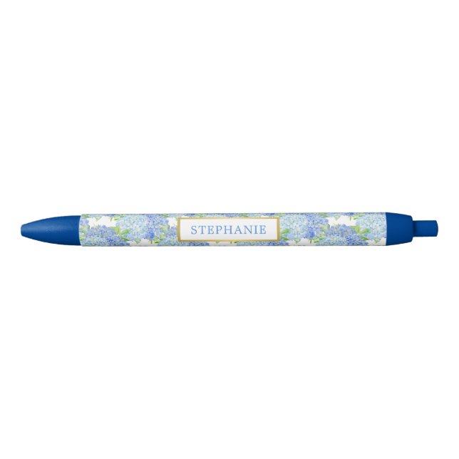 Noir Stylo personnalisé avec nom floral Hortensia Bleu (Devant)