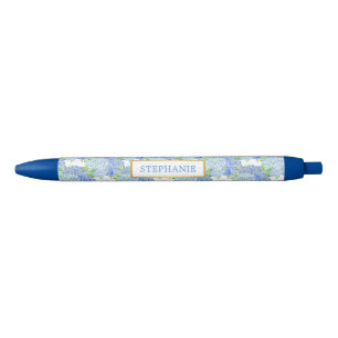 Noir Stylo personnalisé avec nom floral Hydrangea Bleu