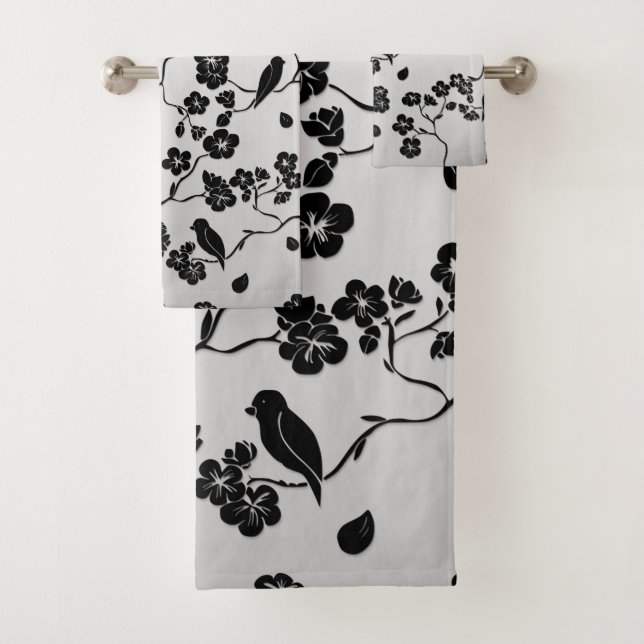 Noir sur les oiseaux Motifs en argent et fleurs de (En situation)
