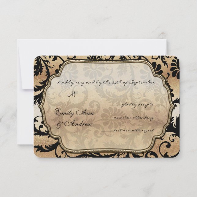Noir sur or Damask Fils mariage RSVP (Devant)
