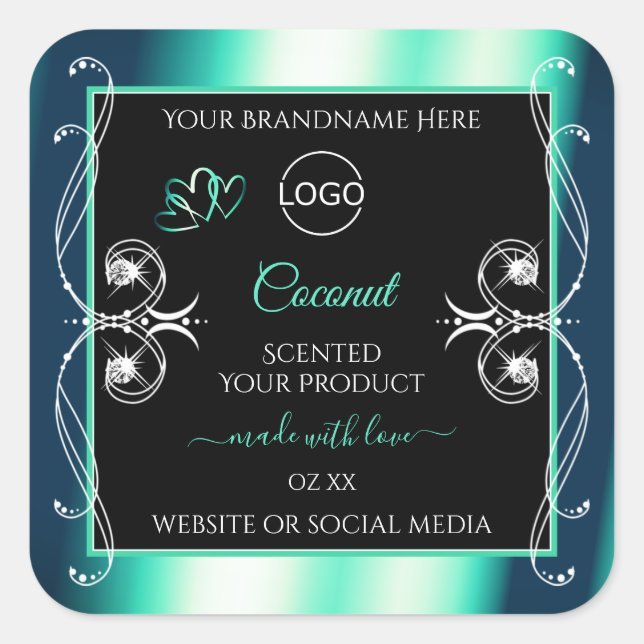 Noir Turquoise Étiquettes Diamants Coeurs et logo (Devant)