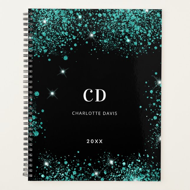 Noir turquoise vert parties scintillant initiales  (Devant)