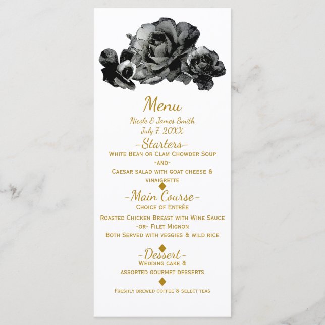 Noir Watercolor Roses Élégant mariage Menu (Devant)