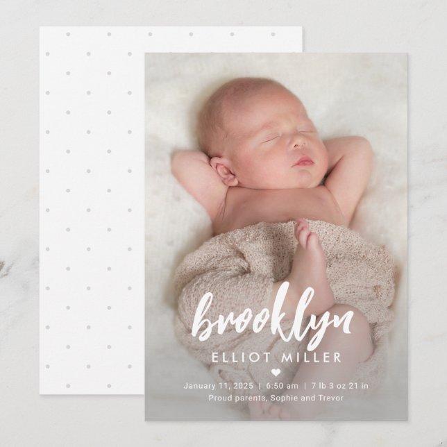 Nom brossé Faire-part de naissance bébé moderne (Devant / Derrière)