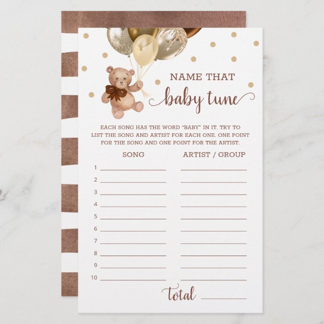 Nom Ce Bébé Tune Jeu Baby shower Teddy Bear (Devant / Derrière)