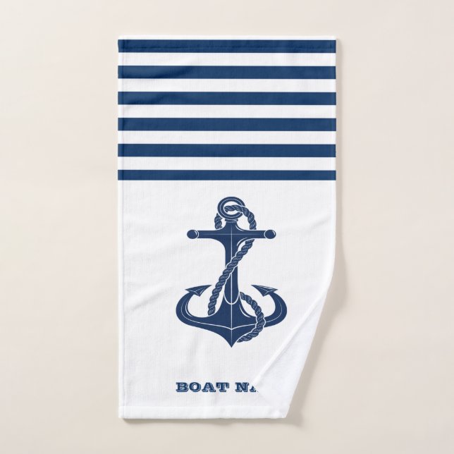 Nom de bateau nautique, Ancre  Bleu marine rayé de (Serviette à main)