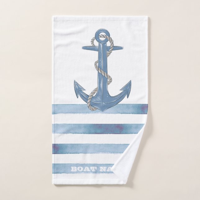 Nom de bateau nautique,Ancre,Corde,Rayes bleu clai (Serviette à main)