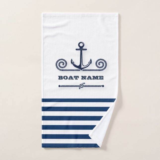 Nom de bateau nautique, Ancre, Corde, Rayures bleu (Serviette à main)
