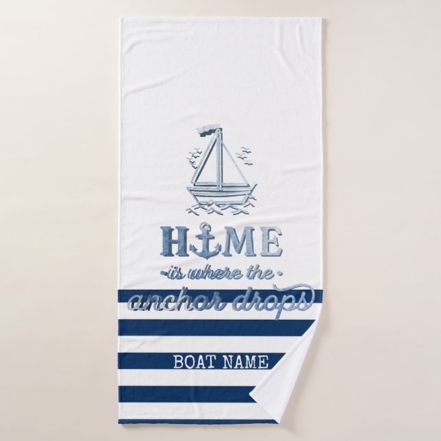 Nom de bateau nautique, ancre rayée bleu marine (Serviette de bain)