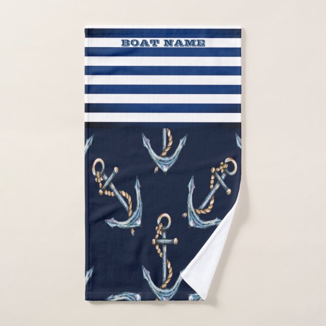 Nom de bateau nautique, ancres bleu marine rayé (Serviette à main)
