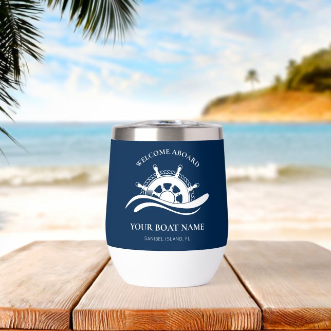 Nom de bateau nautique Roue de navire bleu marine  (Plage (pivotée))