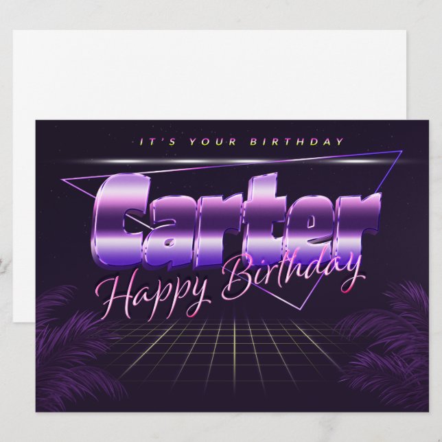 Nom de Carter prénom carte rétro lilas anniversair (Devant / Derrière)