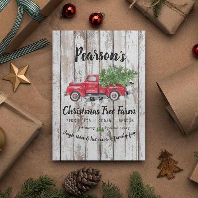 Nom de famille Arbre de Noël Ferme 3 Photo Camion  (Personalized Family Name Vintage Farmhouse Watercolor red truck Christmas Tree Farm Card, 3 photos)