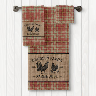 Nom de famille Farmhouse Vintage Red Plaid Burlap