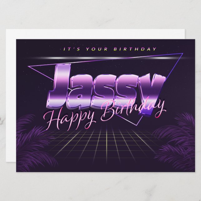 Nom de Jassy Prénom lila retro Carte Anniversaire (Devant / Derrière)