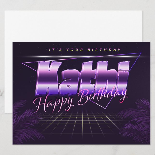 Nom de Kathi Prénom lila retro Carte Anniversaire (Devant / Derrière)