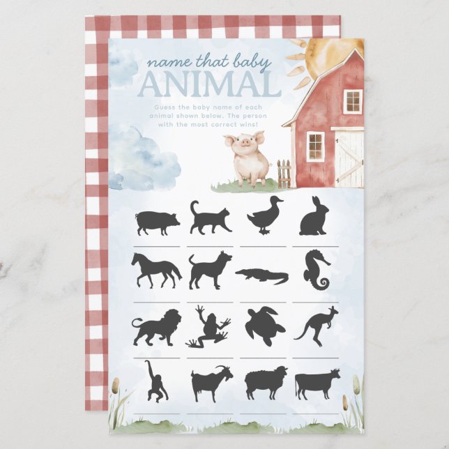 Nom de la ferme qui animal Baby shower jeu (Devant / Derrière)