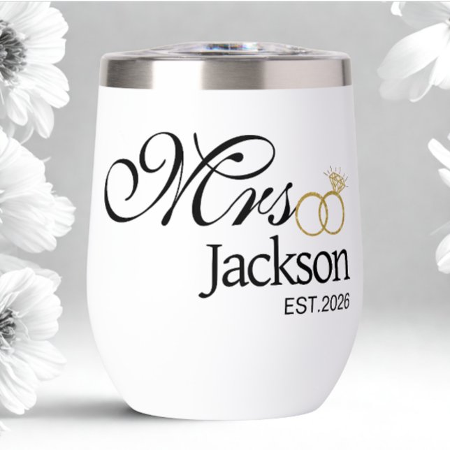 Nom de la mariée moderne Bague de mariage Date Tex (Modern custom bride name and date wine tumbler)