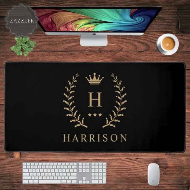 Nom de la Personnaliser et premier monogramme noir (Customize Name & Initial Black White Gold Monogram Desk Mat)
