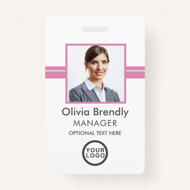 Nom de la photo Badge d'ID employé | Blanc rose (Devant)