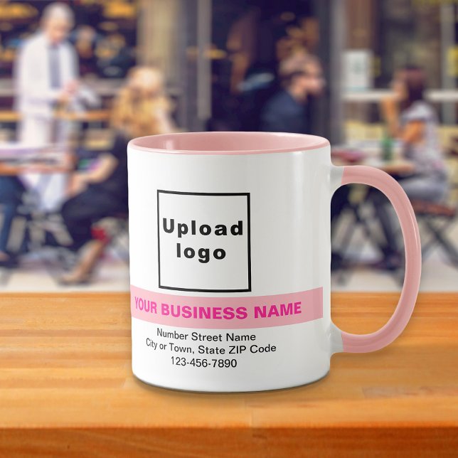 Nom de l'entreprise surligné sur un mug Combo rose (Your business name with highlight, logo, address and phone number on pink combo mug.)