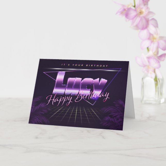 Nom de Lucy Prénom lila retro Carte Anniversaire (Orchidée)