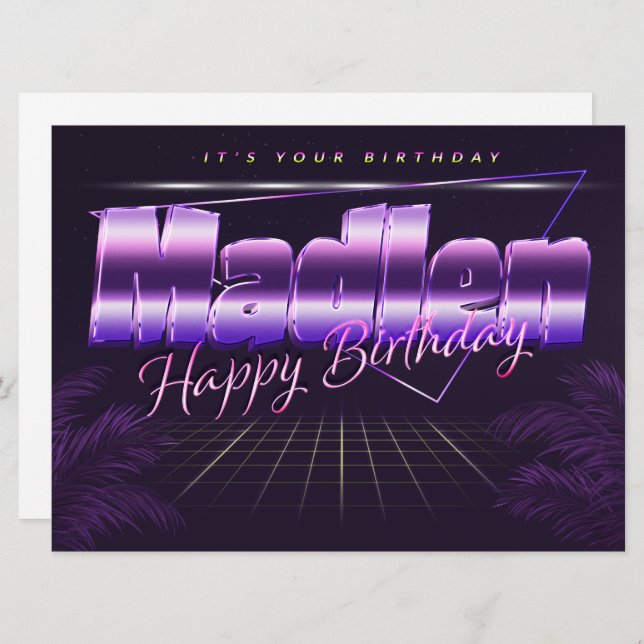 Nom de Madlen Prénom lila retro Carte Anniversaire (Devant / Derrière)