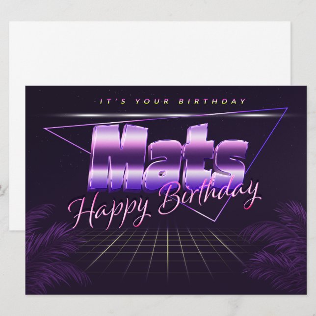 Nom de Mats Prénom lila retro Carte Anniversaire (Devant / Derrière)