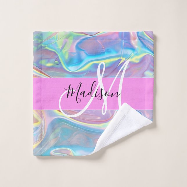 Nom de monogramme holographique iridescent rose fé (Gant de toilette)