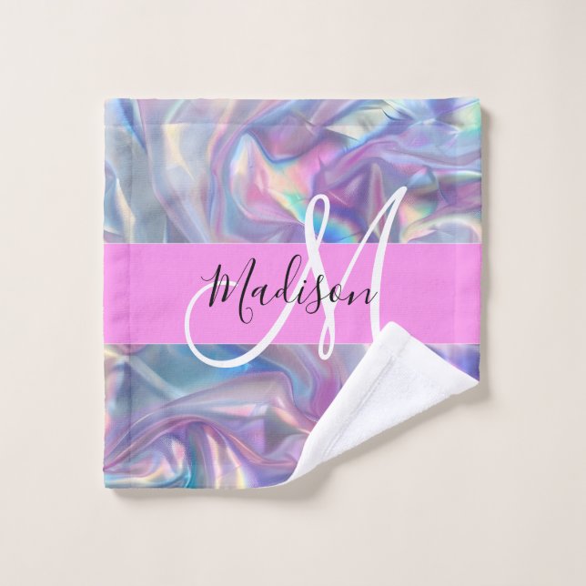 Nom de monogramme holographique iridescent rose fé (Gant de toilette)