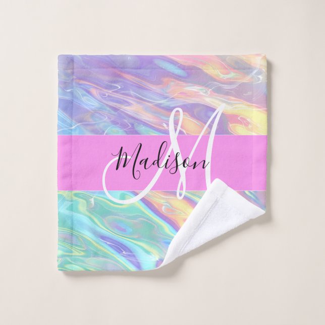 Nom de monogramme holographique iridescent rose fé (Gant de toilette)