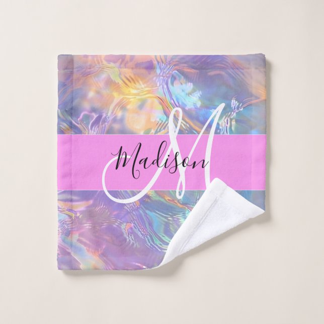 Nom de monogramme holographique iridescent rose fé (Gant de toilette)