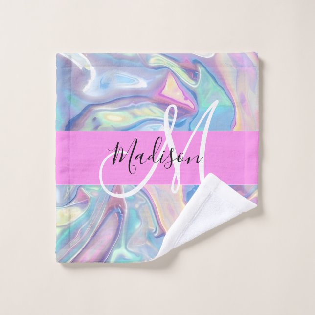 Nom de monogramme holographique iridescent rose fé (Gant de toilette)