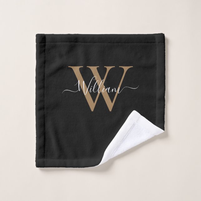 Nom de script de monogramme en or noir moderne (Gant de toilette)