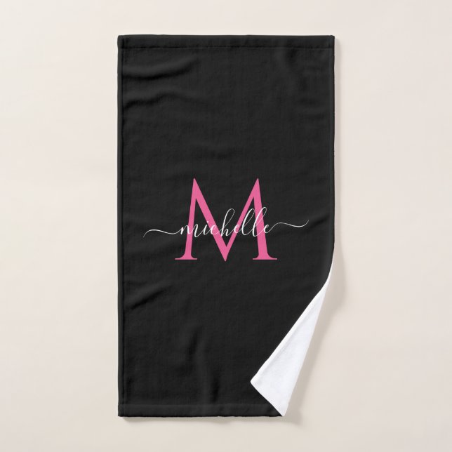 Nom de script manuscrit Monogramme noir et rose (Serviette à main)
