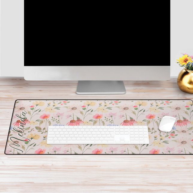 Nom de script personnalisé Fleurs sauvages aquarel (Watercolor Wildflowers Personalized Script Name Desk Mat)