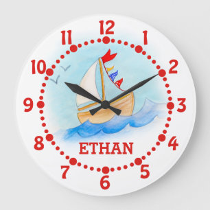 Nom des enfants voilier art bleu mur blanc horloge