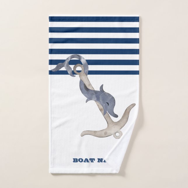 Nom du bateau nautique, Ancre Dauphin Marine Bleu  (Serviette à main)