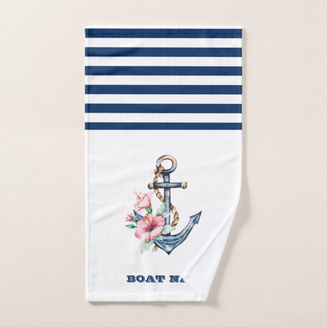 Nom du bateau nautique, Ancre florale Marine Bleu  (Serviette à main)