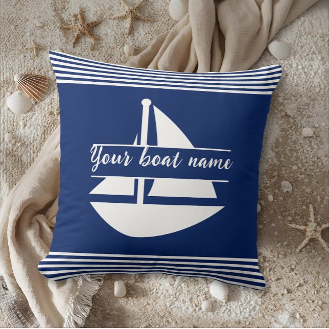 Nom du bateau personnalisé rayé Oreiller bleu mari (Créateur téléchargé)