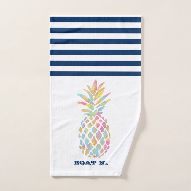 Nom du bateau,Pineapple  Bleu marine et blanc rayé (Serviette à main)