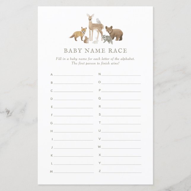 Nom du bébé Course Woodland Baby shower Jeu (Devant)