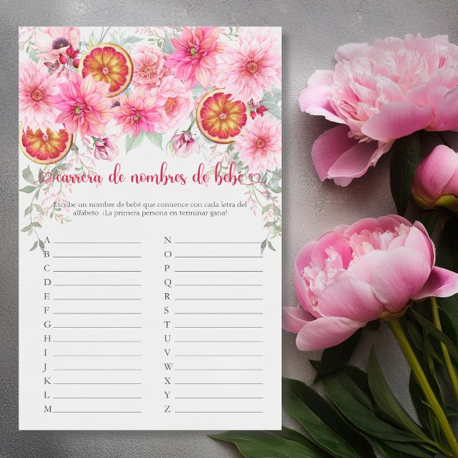 Nom du bébé espagnol Race Baby shower rose jeu (Spanish baby name race citrus with pink flowers baby shower game, girl baby shower,)