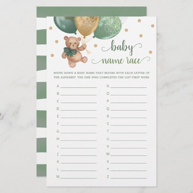 Nom du bébé Race Jeu Baby shower Teddy Bear (Devant / Derrière)