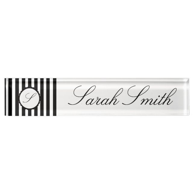 Nom du bureau Monogramme Plaque Noir Blanc rayé (Devant)