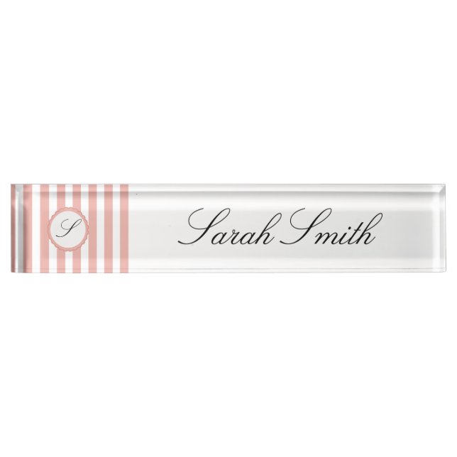 Nom du bureau Monogramme Plaque rose blanc rayé (Devant)