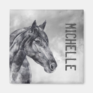 Nom du cheval blanc noir moderne Aquarelle Magnet